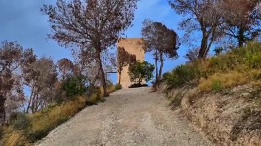 Kıvrımlı bir patika boyunca uzanan antik bir taş kule manzarası, canlı ağaçlar ve berrak mavi bir gökyüzü tarafından çerçevelenmiş.