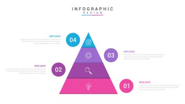 Slayt sunum vektörü için dikey piramit şekilli infografik 4 nokta sahne şablonu