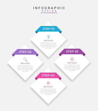 Simgeli ve 4 seçenekli Vector Infographic etiket tasarım şablonu. İşlem şeması, sunumlar, iş akışı düzeni, afiş, akış şeması, bilgi grafiği için kullanılabilir