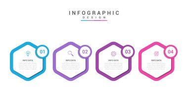 Simgeli ve 4 seçenekli Vector Infographic etiket tasarım şablonu. İşlem şeması, sunumlar, iş akışı düzeni, afiş, akış şeması, bilgi grafiği için kullanılabilir