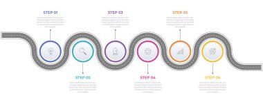 Infographic yol haritası tasarım şablonu. İş takvimi 6 önemli iş etkinliği yıllık sunumu. Vektör illüstrasyonu