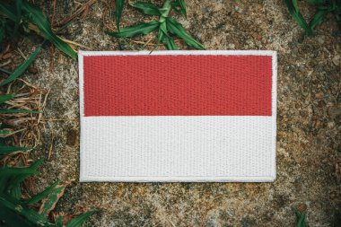 Çevre dostu nakışlı Endonezya bayrağı çim kaplı eski bir yıpranmış taşın üzerine dikilmiş. Ulusal gurur ve doğayla uyumun yaratıcı bir sembolü, Dünya Günü için mükemmel, sürdürülebilirlik temaları ve çevresel hikaye anlatımı.