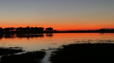 Gün batımında Okavango Deltası sudaki ağaçları yansıtıyor. Sandibe, Botswana