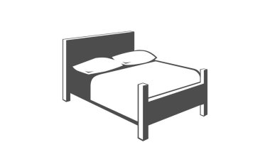 Yatak odasındaki vektör ikonunda. Siyah vektör logosu beyaz arkaplanda izole edilmiş. İç mekan için yatak.