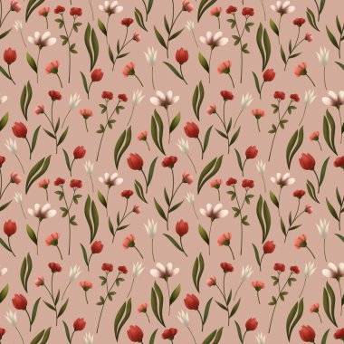 Kırmızı ve beyaz kır çiçekleriyle zarif, pürüzsüz çiçek deseni.