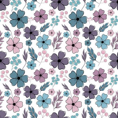   Pastel menekşe, pembe ve su tonlarında kusursuz çiçek deseni.