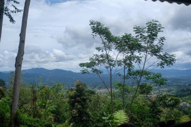 Bereketli tropikal ağaçlar, açık bir günde parlak ama hafif bulutlu bir gökyüzünün altında dağınık köyleri ve yuvarlanan tepeleri olan uzak bir vadiyi görüntüler..
