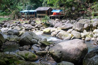 Kayalık nehir tropikal bir ormanın içinden geçiyor ön planda yosun kaplı kayalar ve arka planda kıyı boyunca kurulmuş ahşap kulübeler ve çadırlarla..