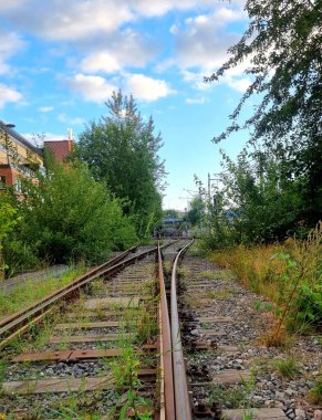 Demiryolu iki yöne doğru uzanıyor. Yakınlarda ağaçlar ve çalılar olan demiryolu hattının yakınında. Sanayi lojistik ve ulaşım geçmişi kavramı.