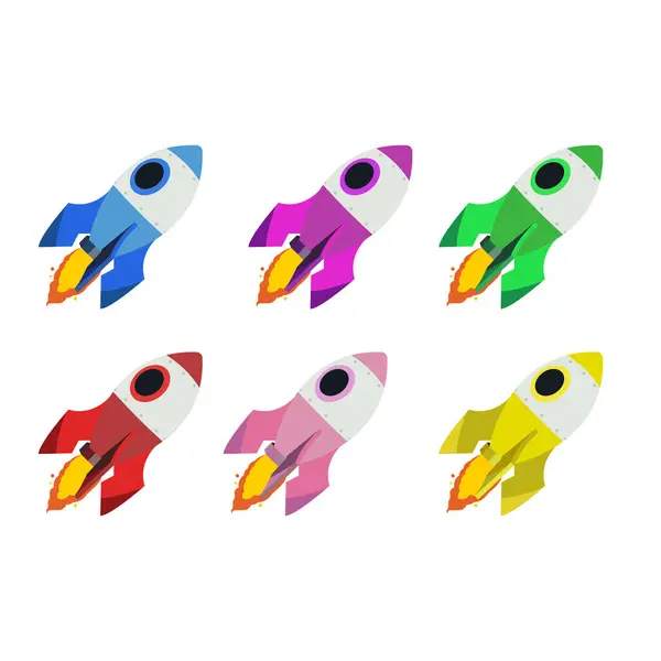 Uzay roketi uzay başlangıç simgesi simgesi simgesi simge gösterimi izole edilmiş düz iş hızlı mavi yeşil renk seti pembe kırmızı