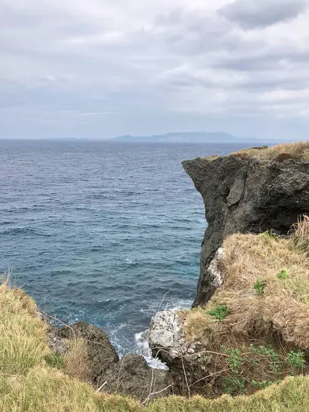Dik, çimenli bir uçurum Okinawas kıyı şeridi boyunca okyanusa dalıyor. Dalgalar alttan vuruyor ve bulutlu bir gökyüzünün altında uzak bir ada görülebiliyor..