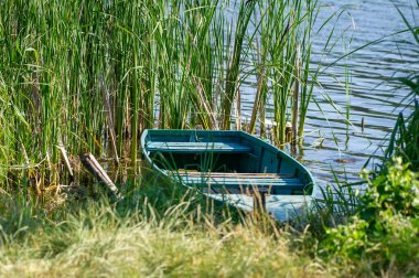 Göl kıyısında yeşil ahşap bir tekne.