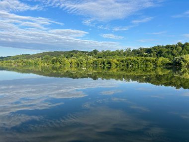 Ağaçlar ve bulutlar Ukrayna 'daki gölde yansıdı.