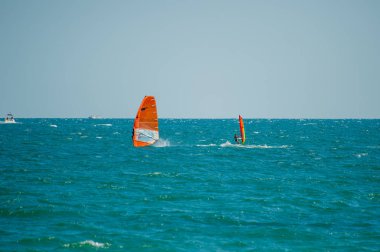 İki rüzgar sörfçüsü açık bir gökyüzü altında mavi-yeşil dalgaları kesiyor, yelkenleri uzak ufka karşı cesurca tezat oluşturuyor..