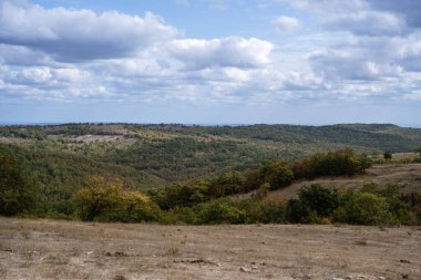 Haberleşme kuleleri ormanlık tepelerin ve kuru otlakların üzerinde parçalı bulutlu bir gökyüzünün altında yükseliyor.,