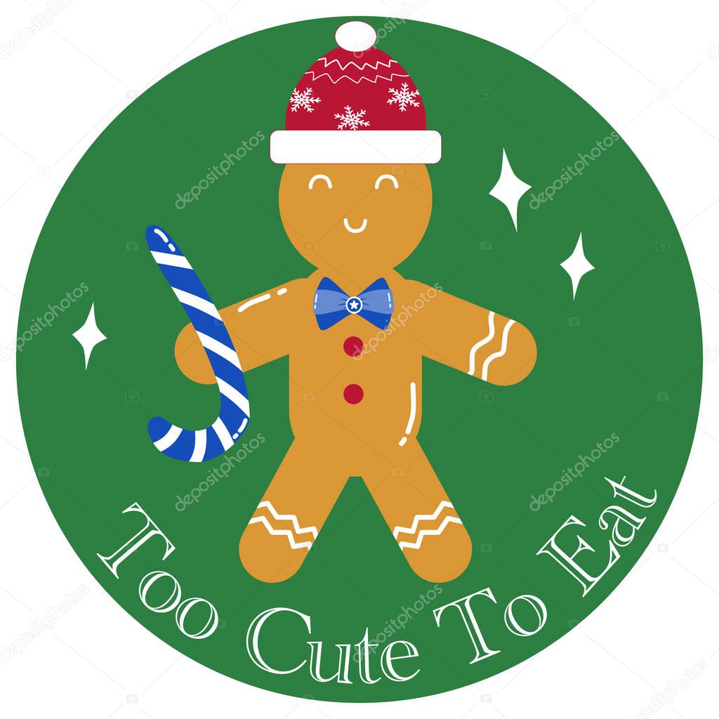 A cartoon clipart of gingerbread on a green circle background for decorating Christmas cards, printing on T-shirts, or for sublimation design