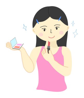 Çizgi filmdeki kadın ruj sürüyor ve güzel makyaj yapıyor.