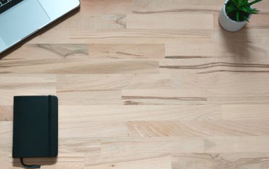 Modern dizüstü bilgisayarın, siyah defterin ve ahşap masadaki saksıda bulunan yeşil bitkinin minimalist çalışma alanı. Kopyalama alanı olan üst görünüm.