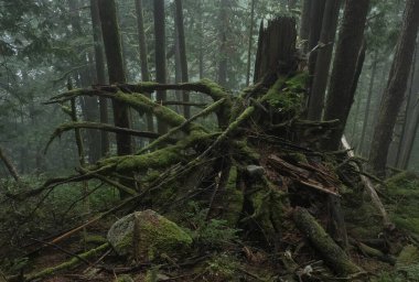 Batı Kanada 'da karanlık ve sisli bir ormanda bulunan doğal çeşitlilik. Yürüyüş sırasında çekilmiş..