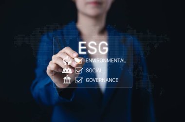 ESG Çevre Yönetimi Yatırım Konsepti. Sanal ESG arayüzü, çevre, sosyal ve yönetim. kurumsal sorumluluk, sürdürülebilirlik ve etik yatırım. ESG raporu,