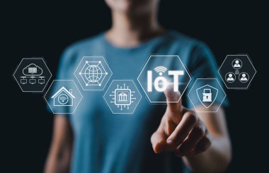Nesnelerin İnterneti (IoT) teknoloji konsepti. Kadın akıllı cihazları, bağlantıyı ve endüstriler arası uygulamaların çeşitli internetini temsil eden simgelerle parlayan IoT arayüzüne dokunuyor.