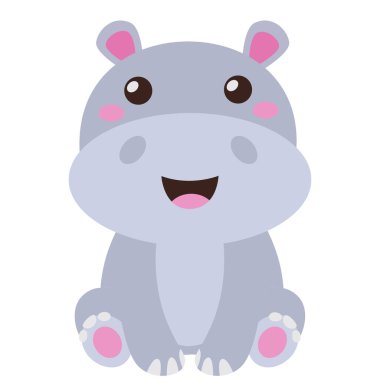 Gülümseyen bir yüzü ve nazik bir ifadesi olan 2B sevimli su aygırı karakteri. Yumuşak renk paleti ve düz stil tasarlanmış, çocukların eğitim materyalleri için ideal.