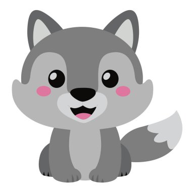2D resimde, tatlı gri bir kurt oturuyor ve gülümsüyor, yanakları kızarmış ve büyük gözleri var, çocuklar için mükemmel..