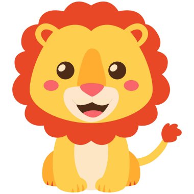 Neşeli bir yavru aslanın 2D karikatürü pofuduk kırmızı yeleli ve parlak gülüşlü, çocuk temalı içerik için mükemmel..