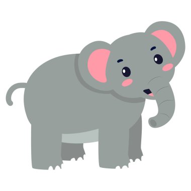 2D çizgi film fili sevimli bir gülümseme ve pembe kulaklarla yürüyor, vahşi yaşam veya hayvanat bahçesi temalı içerik için ideal..