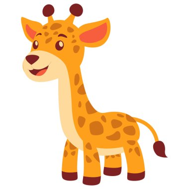 Çocuk dostu çizgi film tarzında tasarlanmış uzun boyunlu ve benekli neşeli bir zürafanın 2D çizimi.