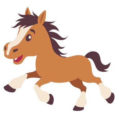 Neşeli kahverengi bir atın 2D çizimi, neşeli bir yüzle koşuyor, çocuklar için şirin bir çizgi film tarzı yaratılıyor..