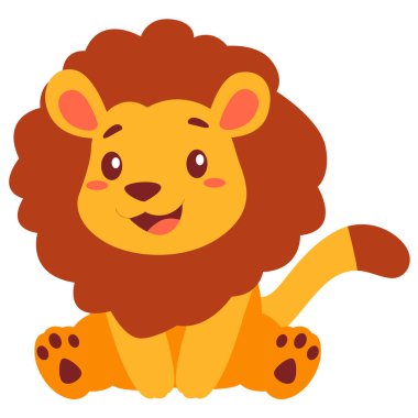 Tüylü yeleli ve gülümseyen yüzlü sevimli bir aslan yavrusunun 2D karikatürü, çocuklar için mükemmel..
