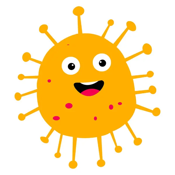 Genişletilmiş dikenleri ve neşeli ifadesi olan komik sarı bir virüs. Sağlık kampanyaları, bilim kitapları ve sınıf posterleri için harika..