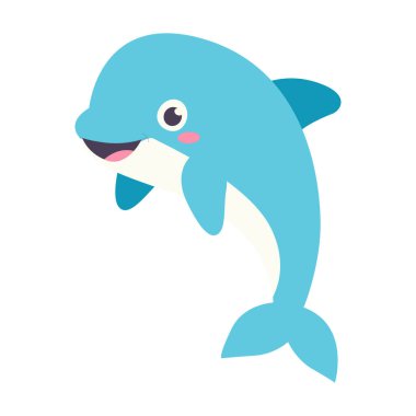 Gülümseyen bir yüzle zıplayan mutlu bir yunus çizimi, okyanus temalı tasarımlar, çocuk çizimleri veya deniz eğitimi için ideal..