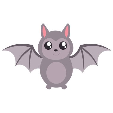 2d açık kanatlı ve büyük gözlü şirin bir yarasa, Cadılar Bayramı teması için mükemmel, gece hayvanları, ya da ürkütücü çizimler.