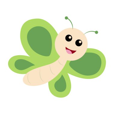 2d yeşil kelebek gülümseyen bir yüz ve açık kanatlar, bahar için ideal, bahçe sahneleri, ya da böcek temalı dekor.