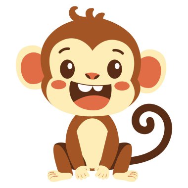 2D gülümseyen çizgi film maymunu el sallıyor, orman temaları, hayvan eğitimi ve çocuk malzemeleri için harika..