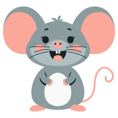 2d büyük kulaklı, sevimli gülüşlü, hayvan karakterleri, çocuk medyası veya doğa temalı setler için ideal gri çizgi film faresi..