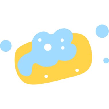 Etrafı mavi kabarcıklarla çevrili 2D sabun çizimi, banyo veya hijyen tasarımı için ideal.