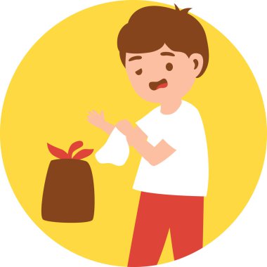 2D bir çocuğun elinde bir su bidonu tutarken, bitkilere ve çevreye baktığını gösteren bir resim..