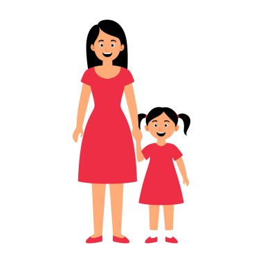 2d bir anne ve kızının kırmızı giyinmiş, yan yana durduğunu gösteriyor, yakınlık gösteriyor..