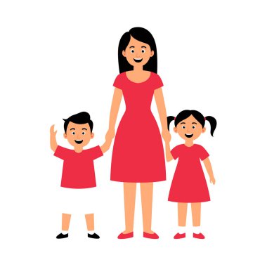 2d bir annenin oğlu ve kızıyla duruşu, sıcak ebeveynliği ve birliği sembolize eder..