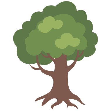 Kalın gövdeli yeşil yapraklı bir ağacın 2D çizimi, orman, park ve ekolojik tasarımlar için birebir..