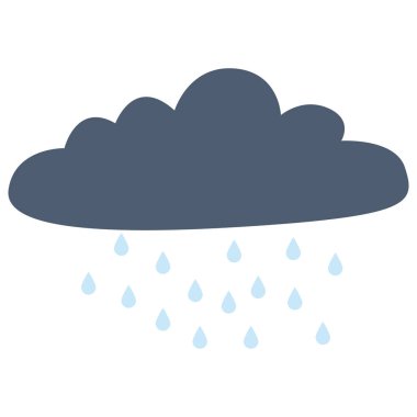 Eşit aralıklı mavi yağmur damlalarıyla 2D minimal kara bulut. Genel hava durumu grafikleri veya hava tahminleri için temiz çizgi film biçimi.