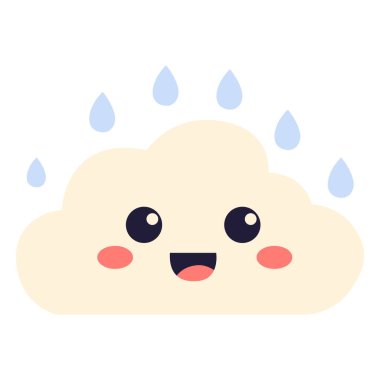 2D açık bej bulutlu, gülen yüzlü ve yumuşak yağmur damlaları altında. Tatlı ya da çocuk görselleri için uygun bir hava ikonu.
