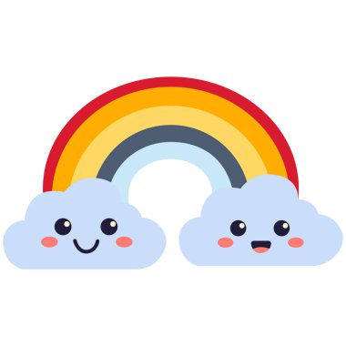 Neşeli yüzlü iki mavi çizgi film bulutunun üzerinde 2D parlak gökkuşağı. Çocuk dekorları, hava durumu simgeleri ya da eğlenceli tasarımlar için harika..
