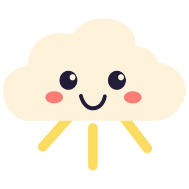 2D beyaz karikatür bulutu ve arkadan bakan güneş ışınları. Karışık hava veya iyi ruh halleri için yumuşak ve neşeli bir ikon.