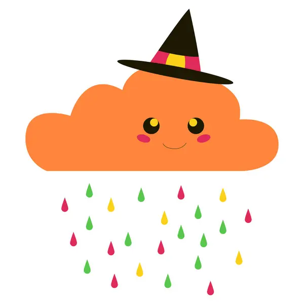 Cadı şapkalı ve mutlu yüzlü 2D sevimli mavi bulut. Cadılar Bayramı ya da fantezi temalı tasarımlar için ürkütücü ama eğlenceli bir simge.