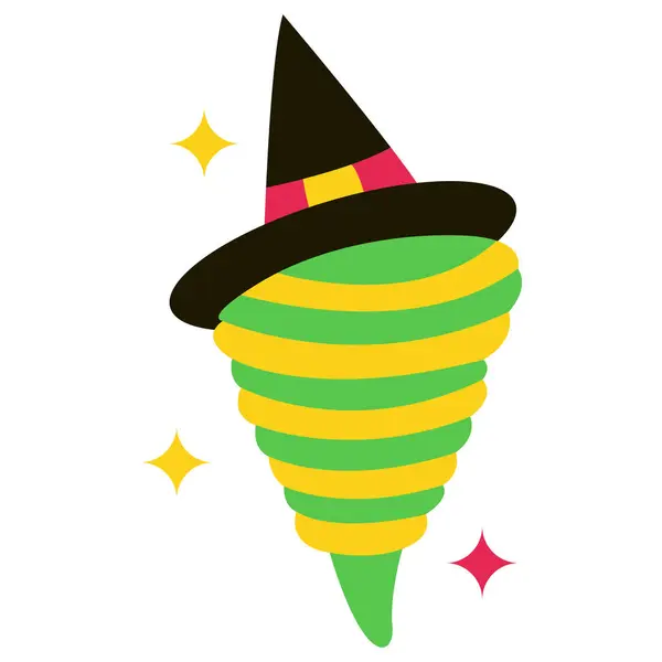 2D yeşil çizgili çizgi film kasırgası, cadı şapkası ve mutlu bir ifadeyle. Ürkütücü temalar için mükemmel bir fantastik hava karışımı..