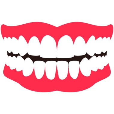 Açık ağızdaki dişlerin 2B düz çizgi film çizimi. Diş veya anatomi temalı malzemeler için mükemmel.